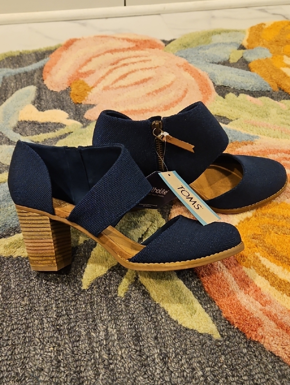 TOMS Navy Canvas Block Heel D'Orsay Sandals
